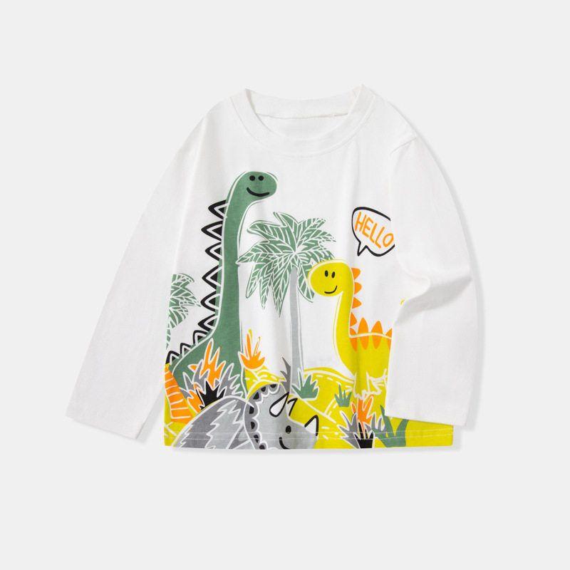 And Autumn Children's Clothing Boys' Long-Sleeved Shirts T-Shirts Kidsren's Cartoon Dinosaur Round Neck Tops Boys' Drop-Shoulder Pure Cotton Clothes