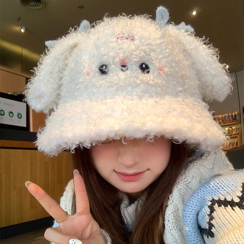 Cute Bunny Lamb Plush Hat for Women Versatile Warm and Cold Proof Fisherman Hat  Autumn and Winter New Ear Protection Basin Hat