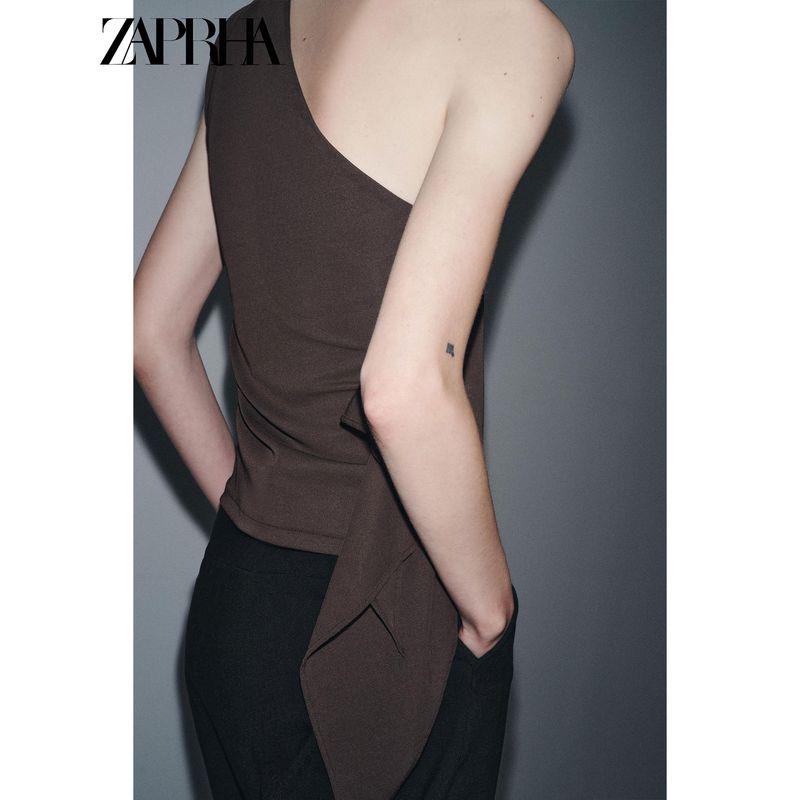 Zaprha 2025 Autumn New Gyaru Simple and Versatile Crepe Asymmetric Decorative Layer Sloping Shoulder Top 1198452