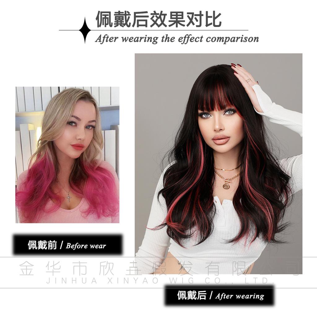 European American Women's Wig Black Dyed Red Bangs Full Head Hairstyle Big Wave Long Roll Lolita