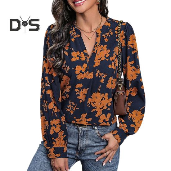 

Женская рубашка с воротником-стойкой и V-образным вырезом, с длинным рукавом и принтом, свободный крой, тонкая повседневная рубашка, повседневная одежда S темно-синий