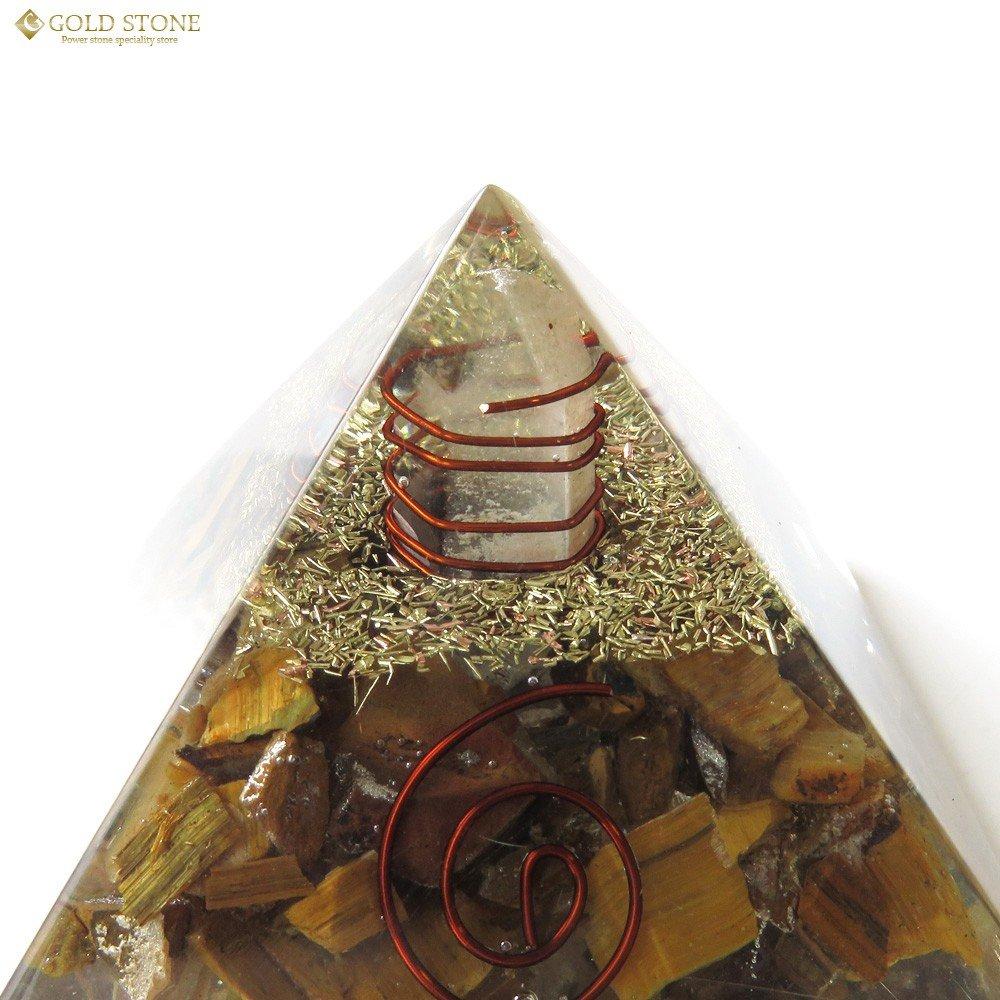 [GOLD STONE] Tiger Eye Orgonite Pyramid with Single Crystal Quartz, Spiritual Item, Approximately 55mm Wide