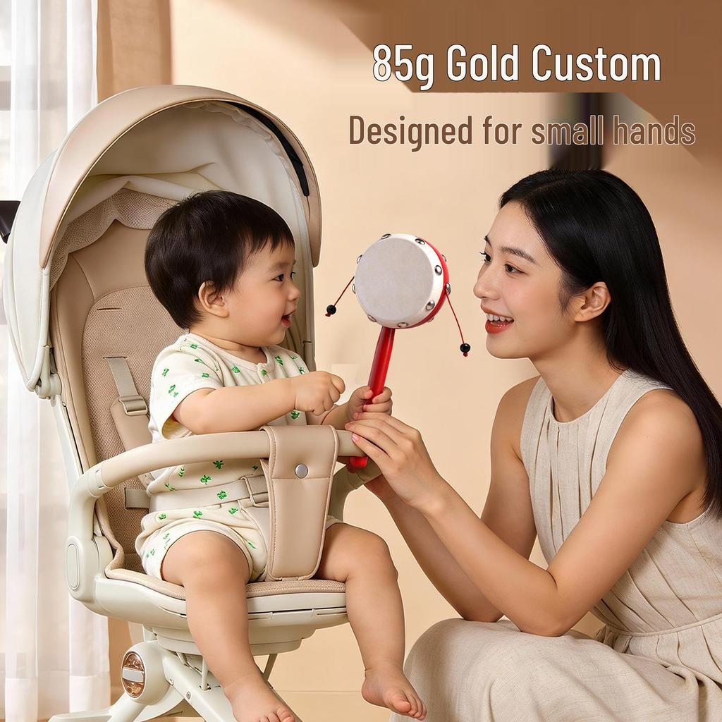 Chewable Wooden Sheepskin Drum Rattle for Newborns, Traditional Handheld Bell Toy for 1-Year-Olds