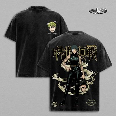 T-shirt Zenin Maki Jujutsu Kaisen Mode de rue Anime Vintage Délavé Hauts Vêtements Homme Été T-shirt en Coton