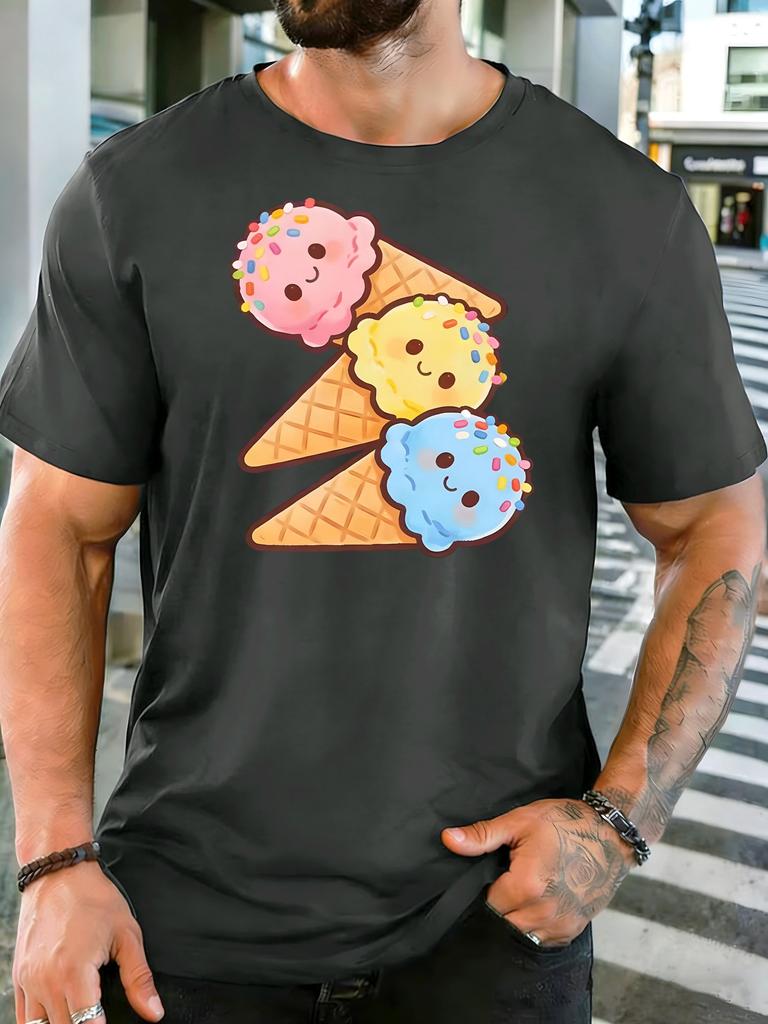 Cute Smiley Ice Cream Cone Unisexs Front Print T Shirt Sweet Summer Dessert Cartoon Graphic Tee Casual Short Sleeve Food Fan Gift