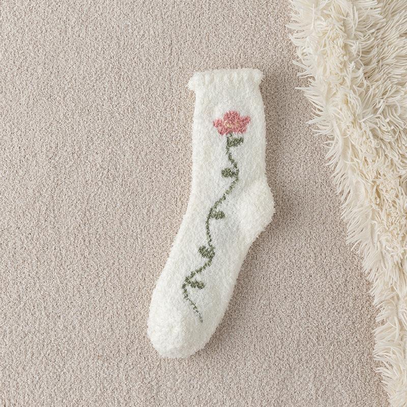 Female Autumn and Winter Thickened Lovely Tender Flowers Do Not Drop Hair Sleep Floor Socks