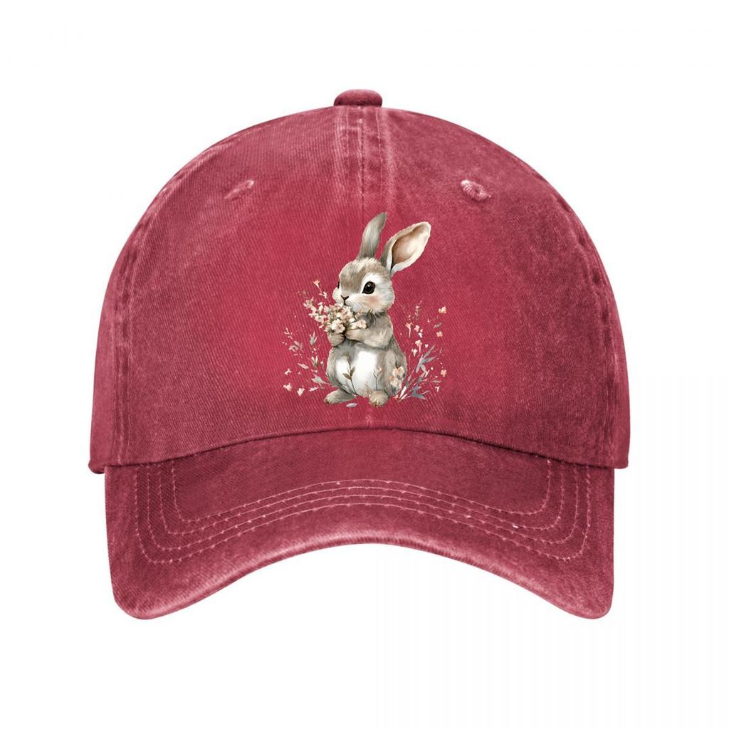 Watercolor Bunny Holding Flowers Wall Art Washed Baseball Cap Outdoor For Womens Unisex FeUnisex