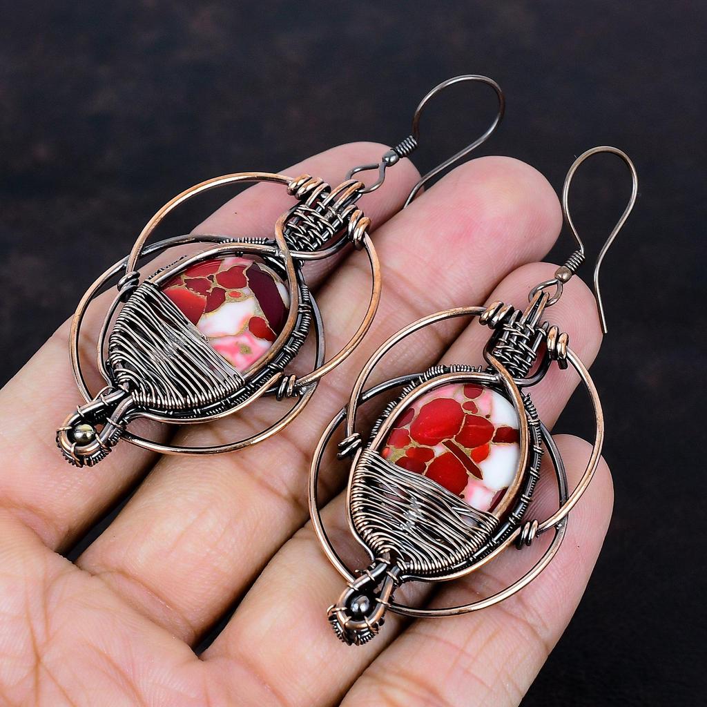 Kingman Red Mohave Copper Turquoise Earring Copper Wire Wrapped Earring Gemstone Handmade Earring Copper Wire Jewelry Designer Drop Earrings
