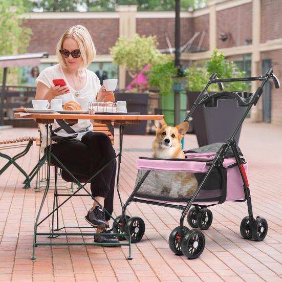 Dog Travel Stroller 4 Wheels Pet Stroller, Folding Jogger with Adjustable Handle, Breathable 4-Wheels And Visible Mesh, Cup Holder for Small