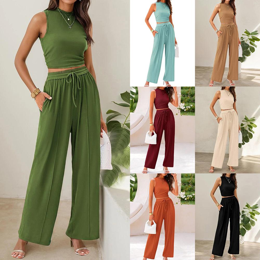 Women's Olive Green Sleeveless High Neck Crop Top with Wide Leg Pants Two-Piece Set