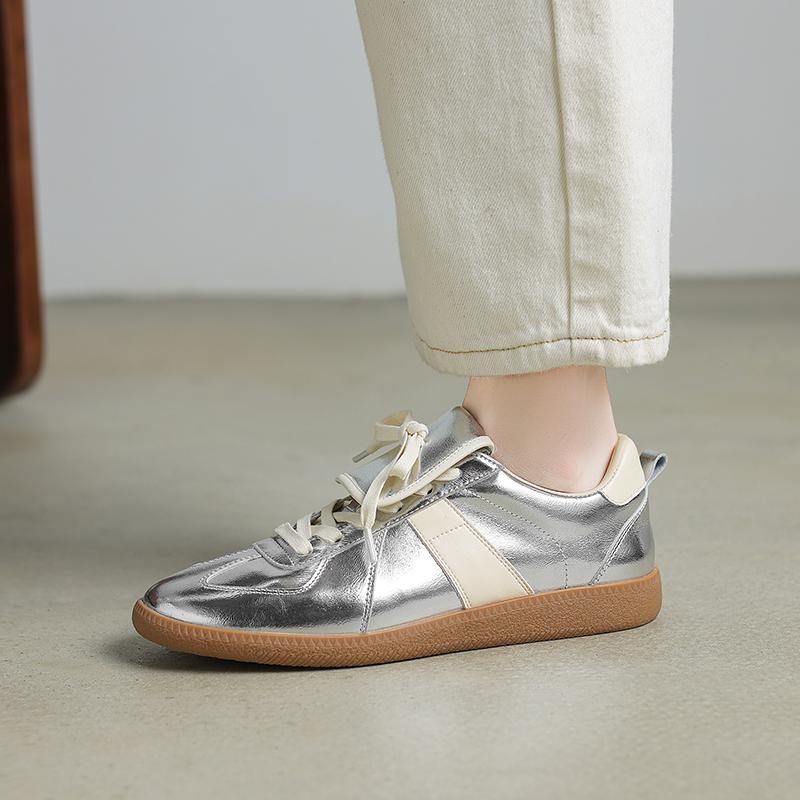 Fashion New Lace Up Sneakers Genuine Leather Splicing Flat Shoes Black Red Silver Ladies Casual Beading Flats Womens Round Toe Footwear