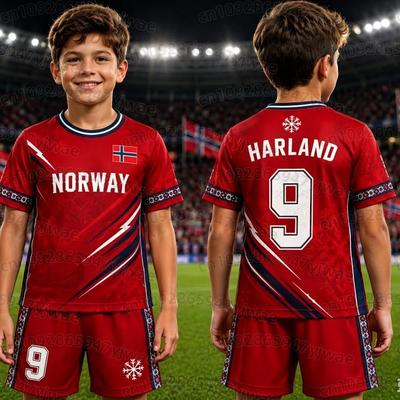 Boys Norway National Team Soccer Uniform Set Red Flag Print Short Sleeve Jersey Shorts Two Piece Outfit Breathable Fabric