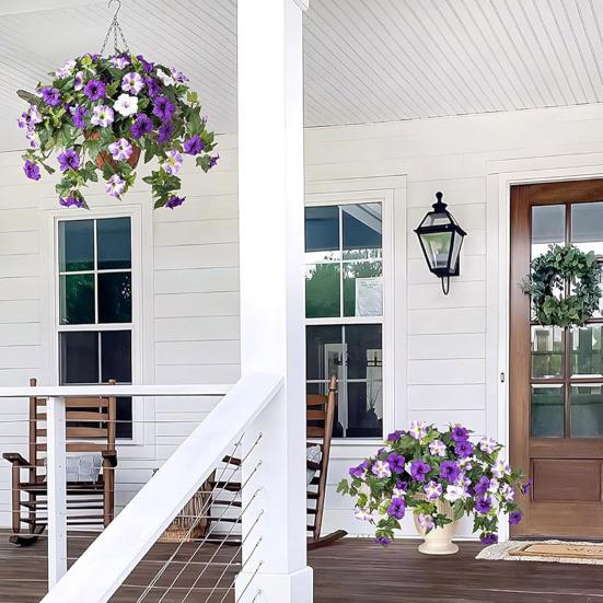 Artificial Hanging Fake Flowers with Basket Outdoor UV Resistant Faux Silk Morning Glory Vines Plants for Porch Patio Garden Balcony Yard Spring