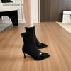 Autumn Patchwork Back Zipper Pointed Toe Stiletto Black High Heels Ankle Boots Versatile Short Boots for Women Elegant Footwear