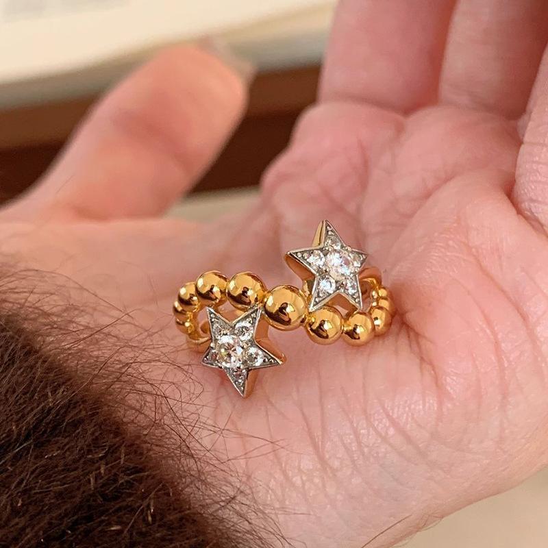 Xiaohongshu Gold Twin Star Ring: Elegant Beaded Sparkle Adjustable