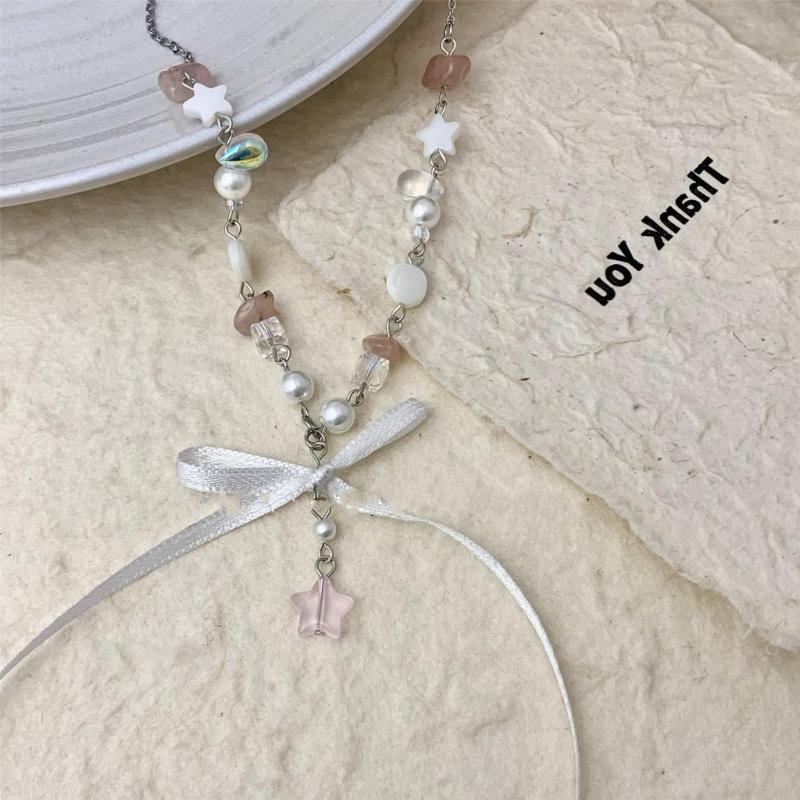 Bohemian Neckchain Bow Beaded Necklace Bowknot Star Pendant Clavicle Chain French Style Collarbone Chain for Women Girls