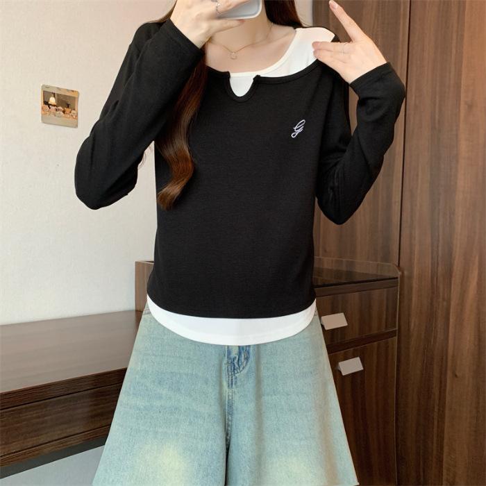 Two-piece Contrasting-color Long-sleeved T-shirts for Autumn and Winter, Women's Base Layer Tops with High-end Design Sense