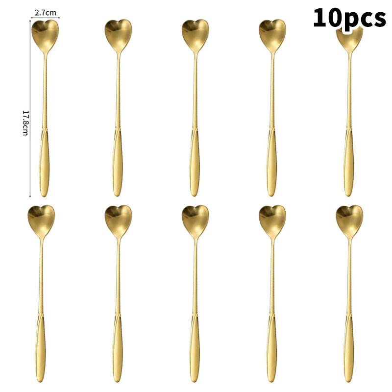 10-Piece Polished Stainless Steel Heart-Shaped Coffee Spoon Set - Durable Stirring Utensils For Home, Kitchen, And Dining Room