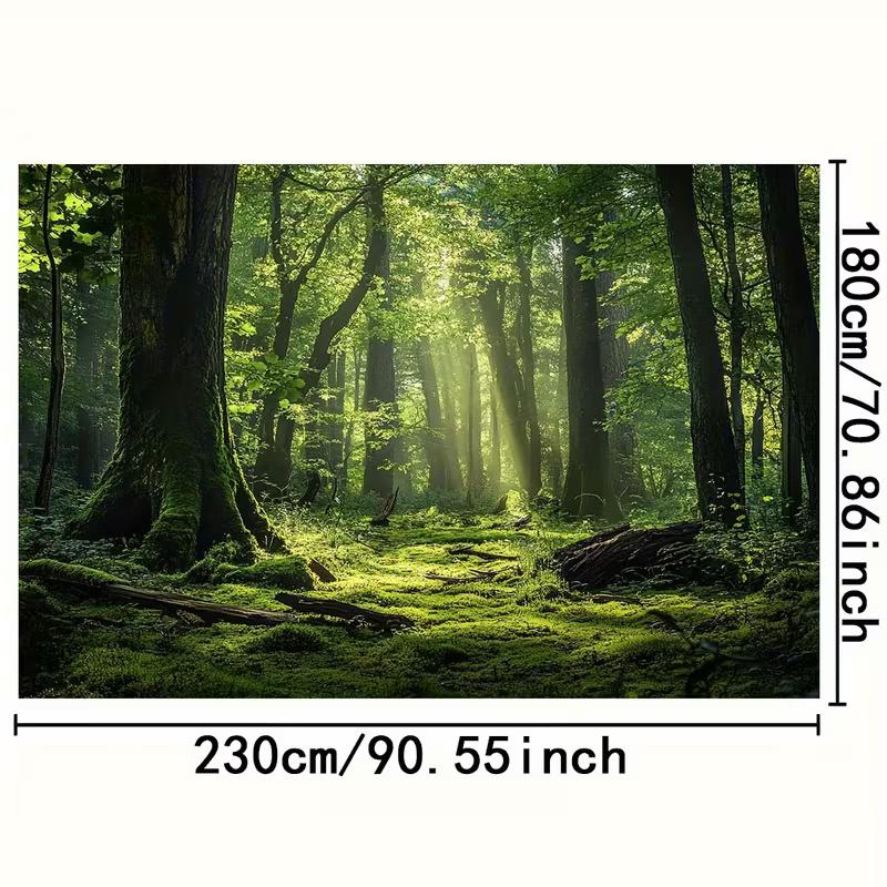 2D Magical Sunbeam Forest Tapestry, Fresh Mossy Green Trees Wall Hanging, Aesthetic Nature Decor