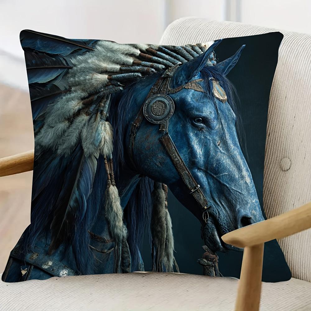 1Pc Of Short Plush Decorative Pillow Cover Featuring An Apache War Horse Design In Blue, With Single-Sided Printing. It Measures
