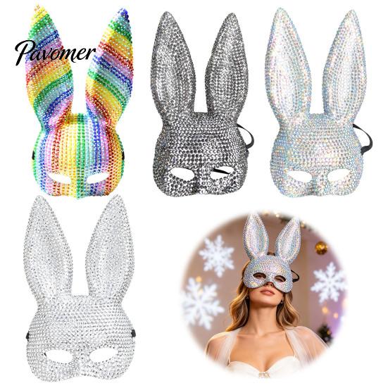 Nightclub Dance Mask Disco Mirror Rhinestone Rabbit Mask, Sparkly Glitter Bunny Face for Halloween Party, Shiny Reflective Ear Festive Cosplay