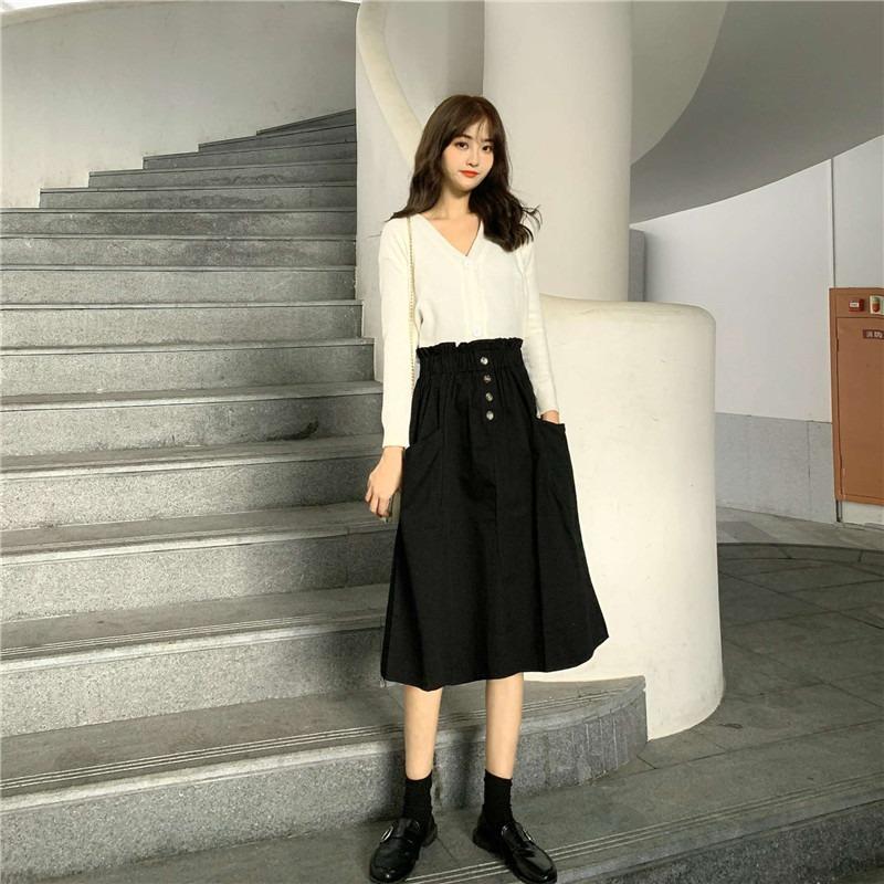 Summer High Waist Slimming Solid Color Pocket Skirt All-match Loose Waist Casual Mid-length Skirt for Women