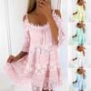 Summer Beach Dress Cold Shoulder Mini Dress Women Embroidery Crochet Lace Scoop Neck Half Sleeves Loose Fit Midi Rise
