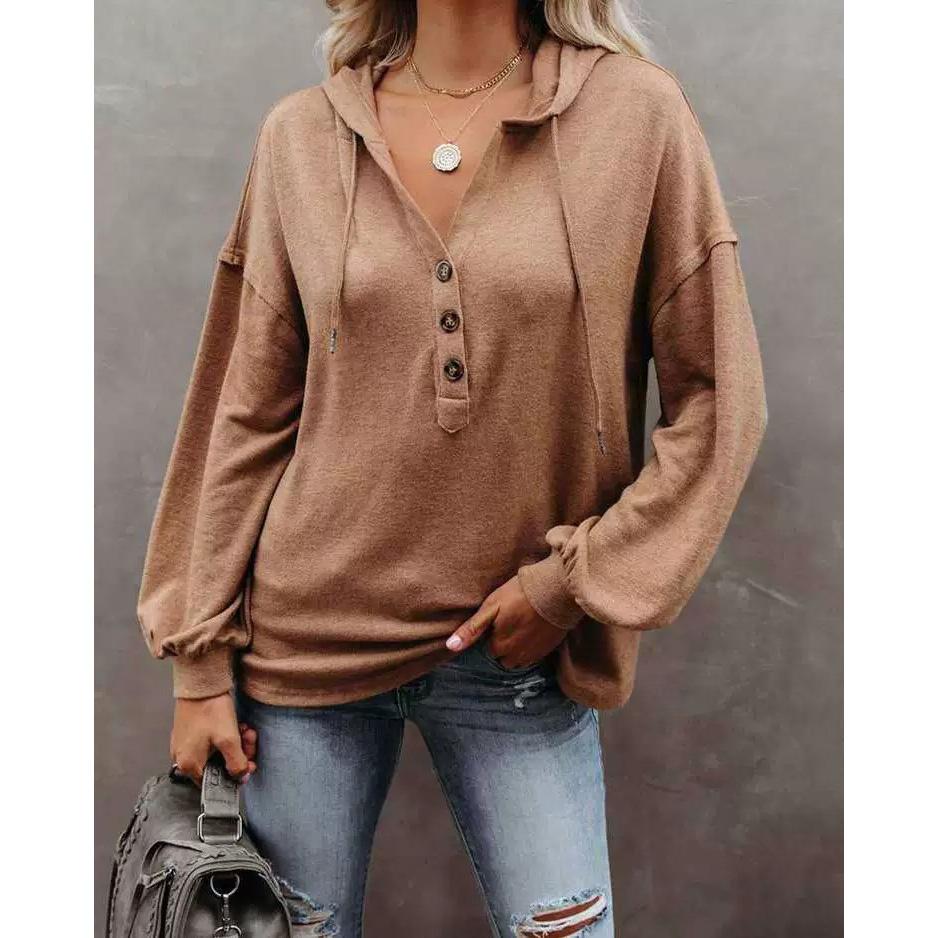 Woman Sweater Autumn/winter Buttons Hooded Leisure Loose Solid Color Lantern Sleeve Woman's Coat