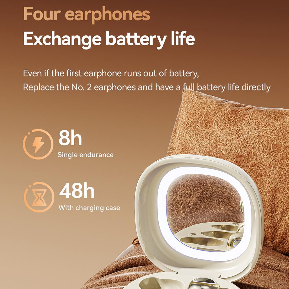 Wireless Bluetooth Earphones 2-in-1 Dual Pairs Ear Clip & In-Ear with Makeup Mirror for Couples Gift Long Battery HiFi Sound