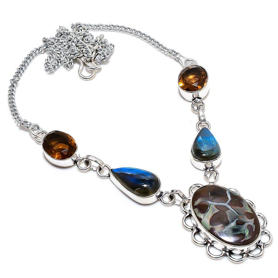 

Mud Crack Fossil, Smoky Topaz 925 Sterling Silver Jewelry Necklace 18 n6c21 коричневый