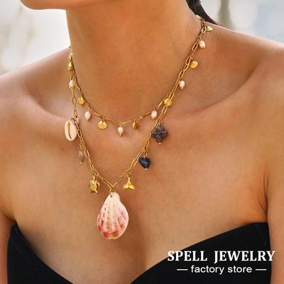 Multi Pendant Chain Necklace In Stainless Steel 18k Gold Plated With Seashell Charms Boho Seaside Holiday Necklaces For Women