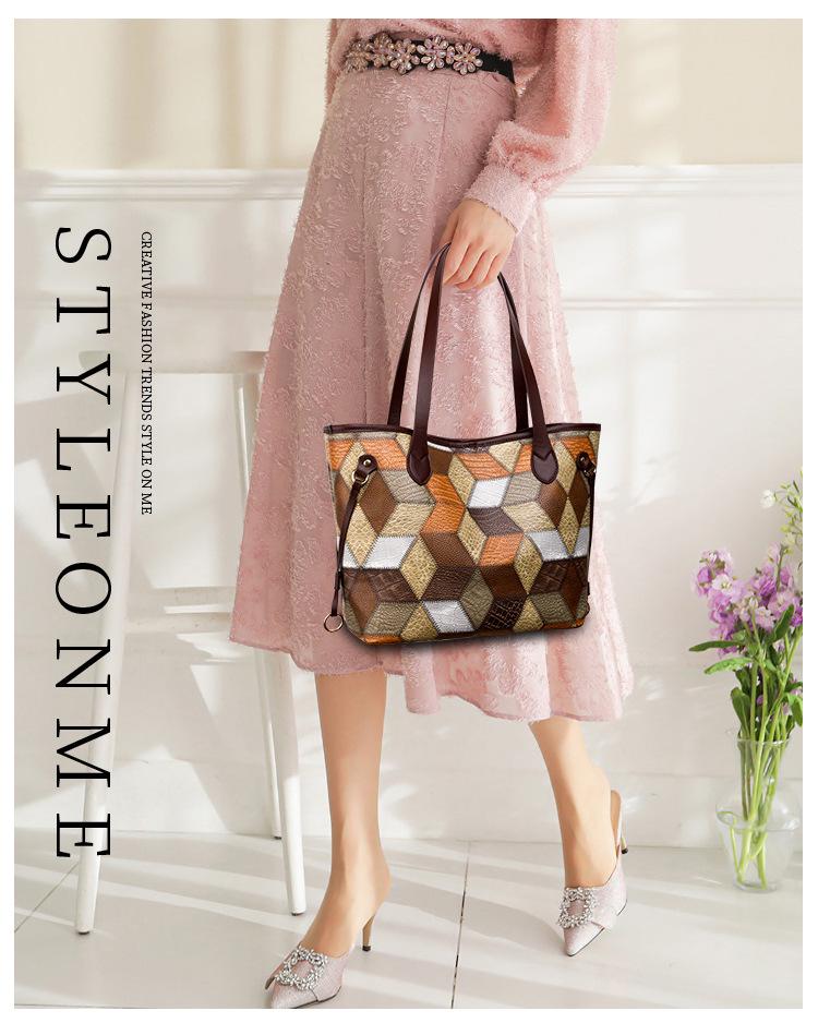 Cross-Border Patchwork Color-Block Tote: Large Capacity 3D Handbag for Moms