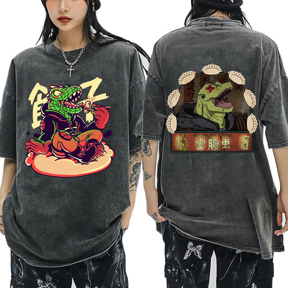 Anime Dorohedoro Gyoza Crazy Hungry Bug Vintage Washed T-shirt Men Women Manga Graphic T-shirts Gothic Horror Oversized T Shirts