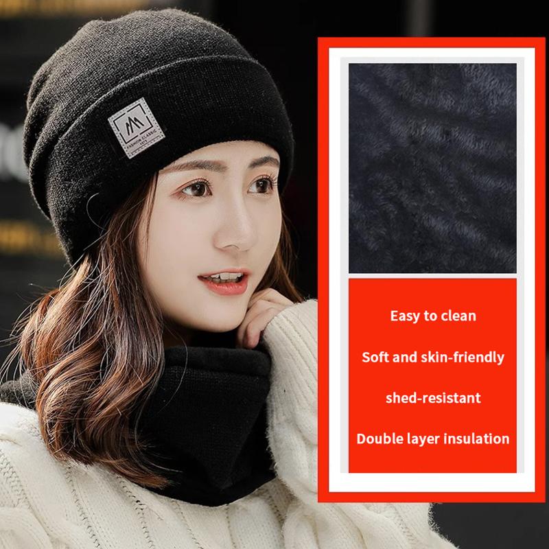 Women Knitted Beanie+Scarf Sets Thicken Velvet Lining Pullover Cap Unisex Winter Warm Plush Bonnet Neck Protection Scarves Hat