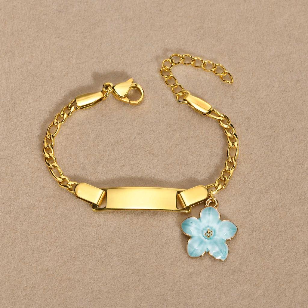 Customized Engrave Name Bracelet for Little Boy Girl, Charms Flower Bracelet, Personalized Stainless Steel Chain