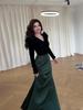 2024 Autumn Velvet Spliced V-neck Slimming Tie-waist Long Dress