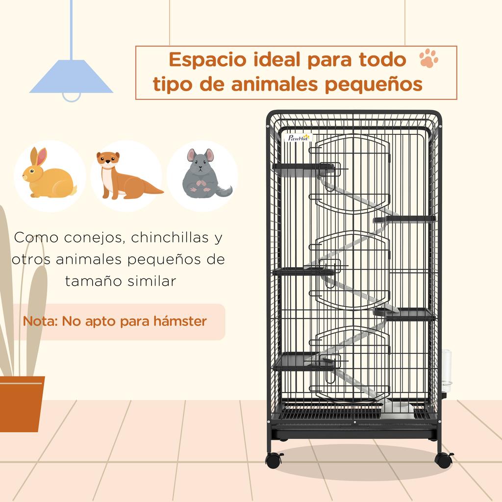 6-Level Rodent Cage with Wheels, Platforms, Removable Tray, Feeder and Waterer, 61.5x44x131 cm, Black
