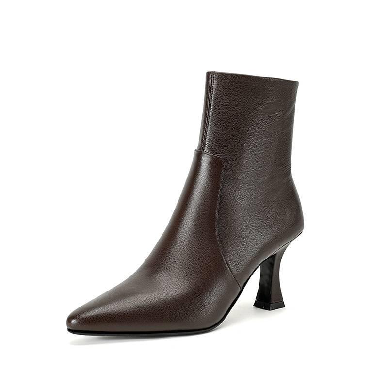 New women's leather large size medium boots solid color rear zipper thin heel pointed autumn and winter comfortable sheepskin Martin boots