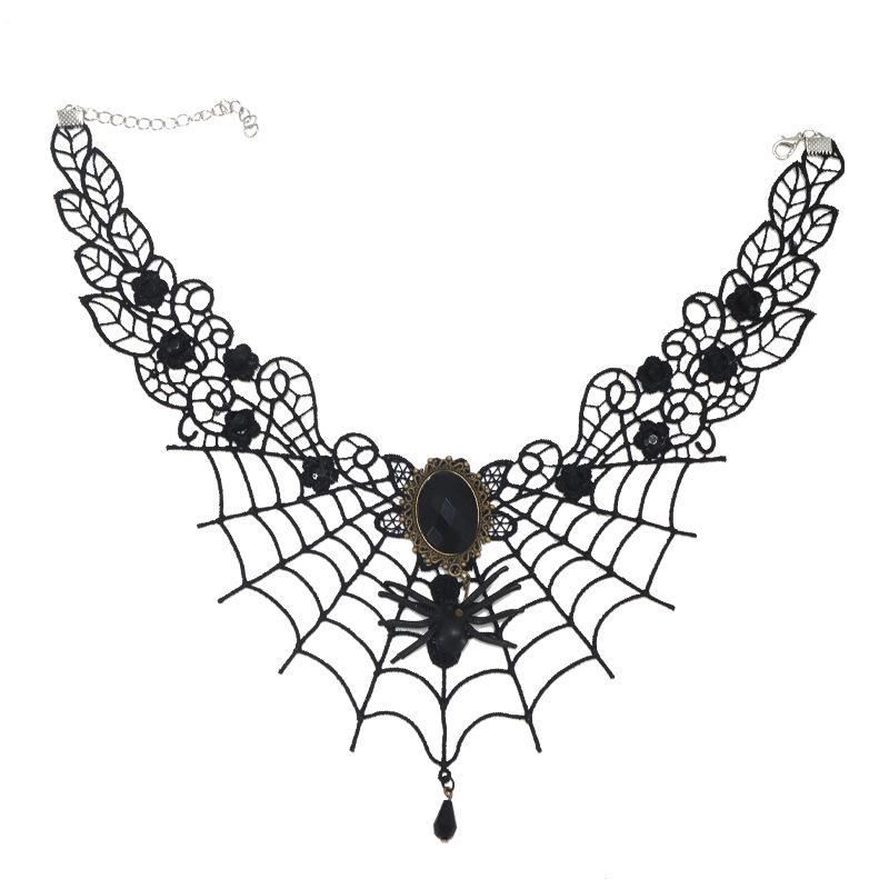 Gothic Halloween Skull Flower Hairband and Lace Necklace Set for Women One Size