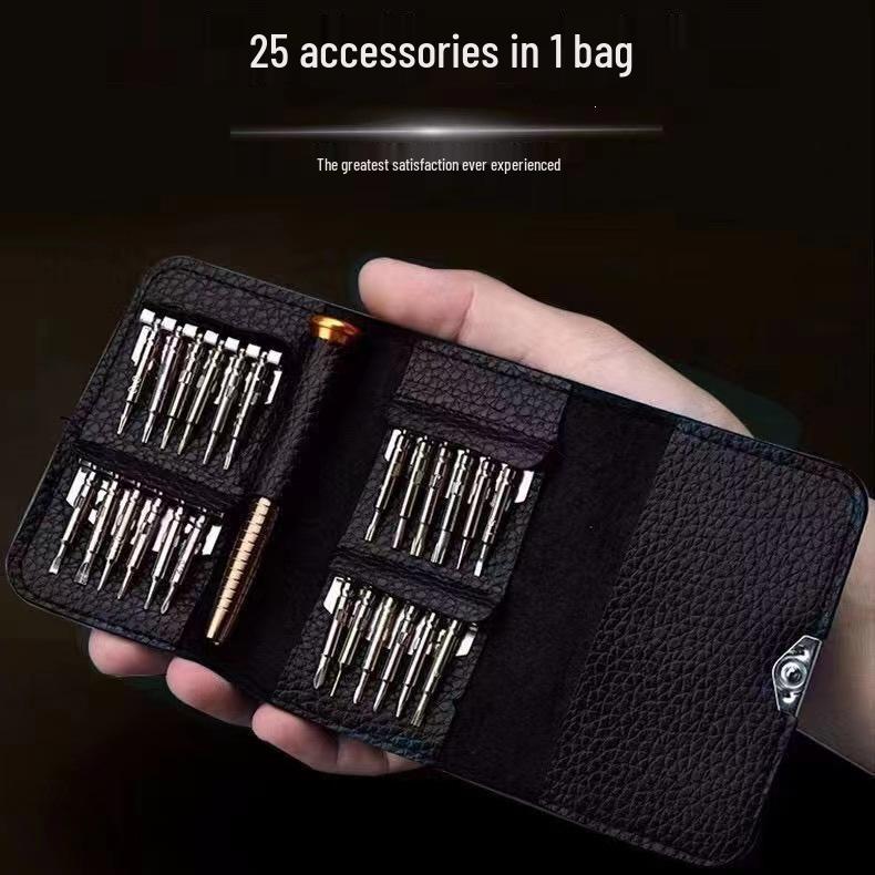 25-in-1 Portable Leather Bag Screwdriver Set for Phone, Computer, and Watch Repair.