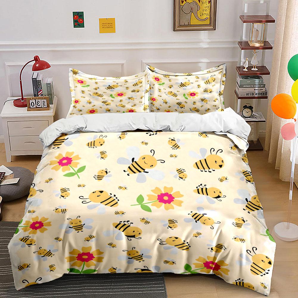 Cute Bees and Flowers Pattern Bedding Duvet Cover Set (1*Duvet Cover 2*Pillowcases, without duvet insert)