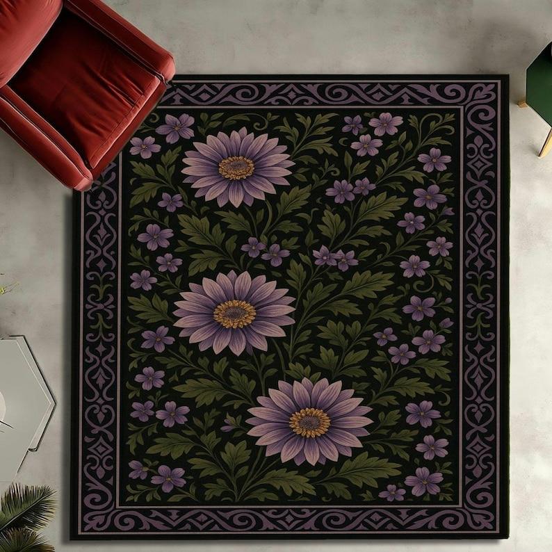 Lila Floraler Bereichsteppich Dunkler Botanischer Teppich für Wohnzimmer, Gotische Ästhetik Heimdekor