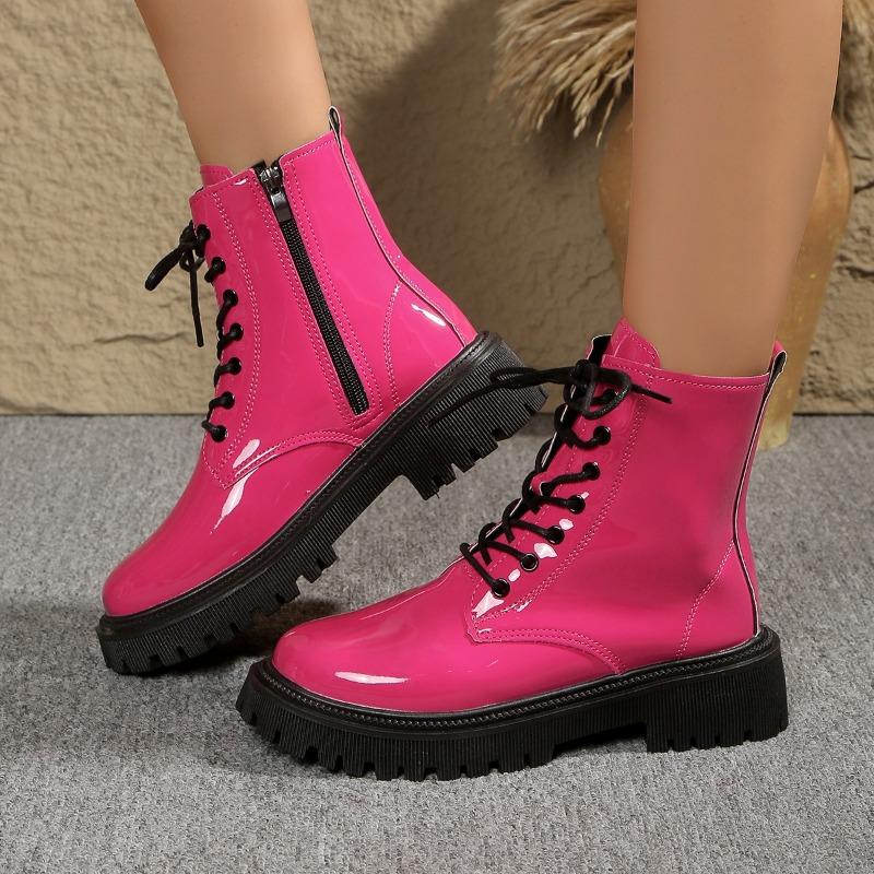 Plus Size Side Zip Kid Heel Booties Fall New Round Toe Lace-Up Front Patent Leather Non-Slip Single Boots
