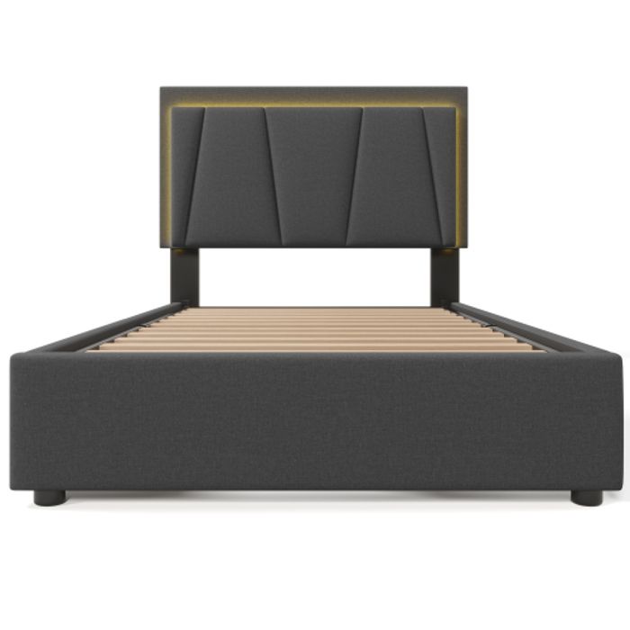 Lit - MUVOE - 90x200 cm - Rembourré avec éclairage LED - 2 tiroirs - Réglable en hauteur