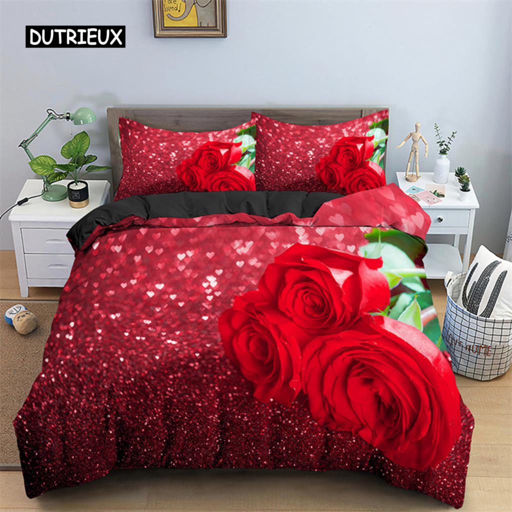 Rose Duvet Cover Set Microfiber Pink Heart Rose Romantic Flower Theme Bedding Set For Lovers Double Queen King Size Quilt Cover