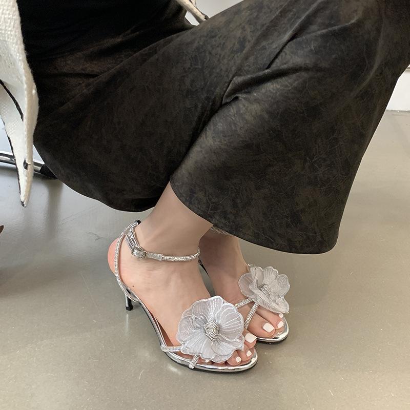 Sandals Summerbeautiful Rhinestone Flowerskirt-Matching Fairy Style Silver Ankle Strap Thin Heel High Heels