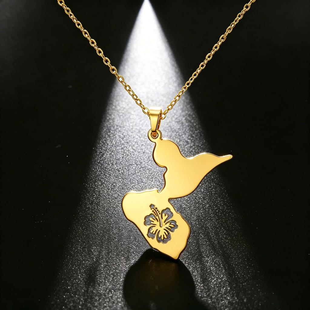 Reunion Map Outline Necklace Hibiscus Guadeloupe Martinique Pendant Necklaces Stainless Steel Guyane Map Necklace For Women