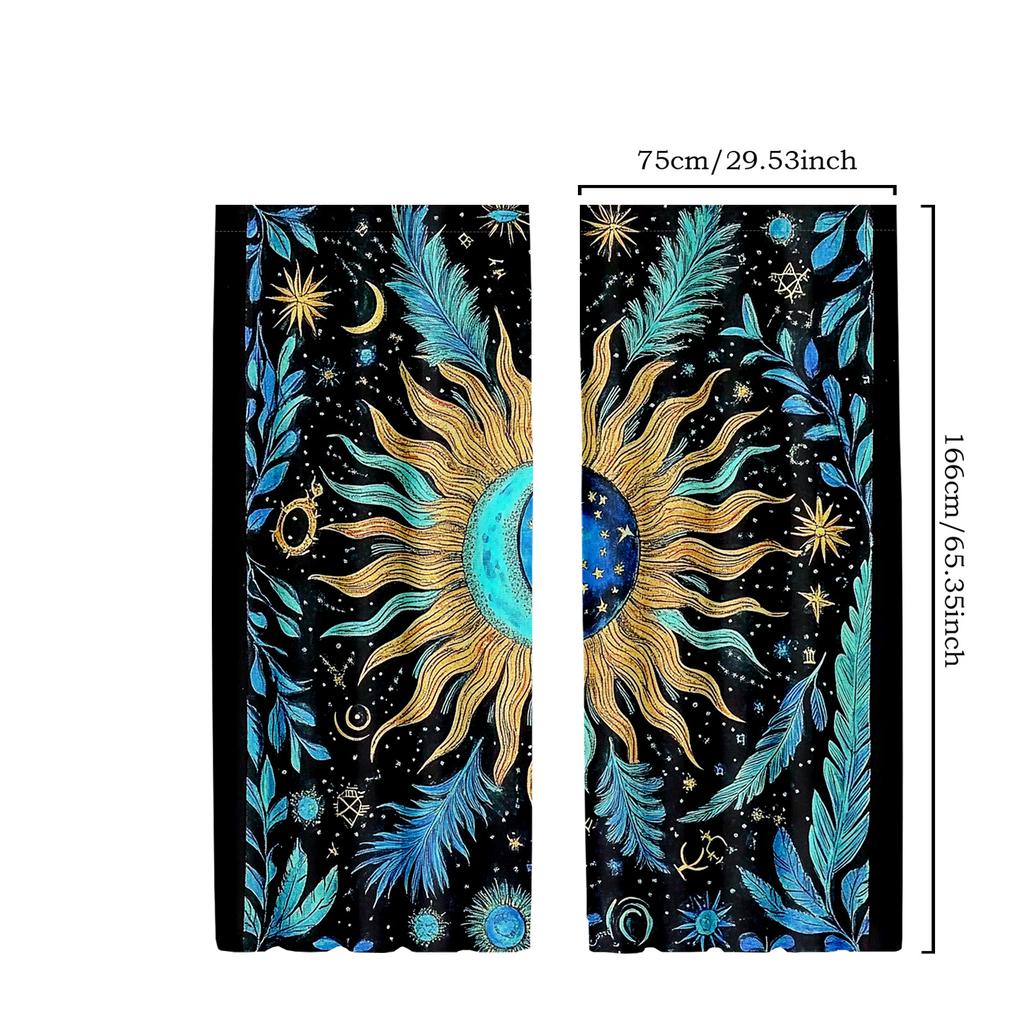2pcs Astrology-Themed Blackout Curtains, Moon Phase & Feather Print, Polyester Drapes in Blue and Black, Bedroom Curtains|Moon P