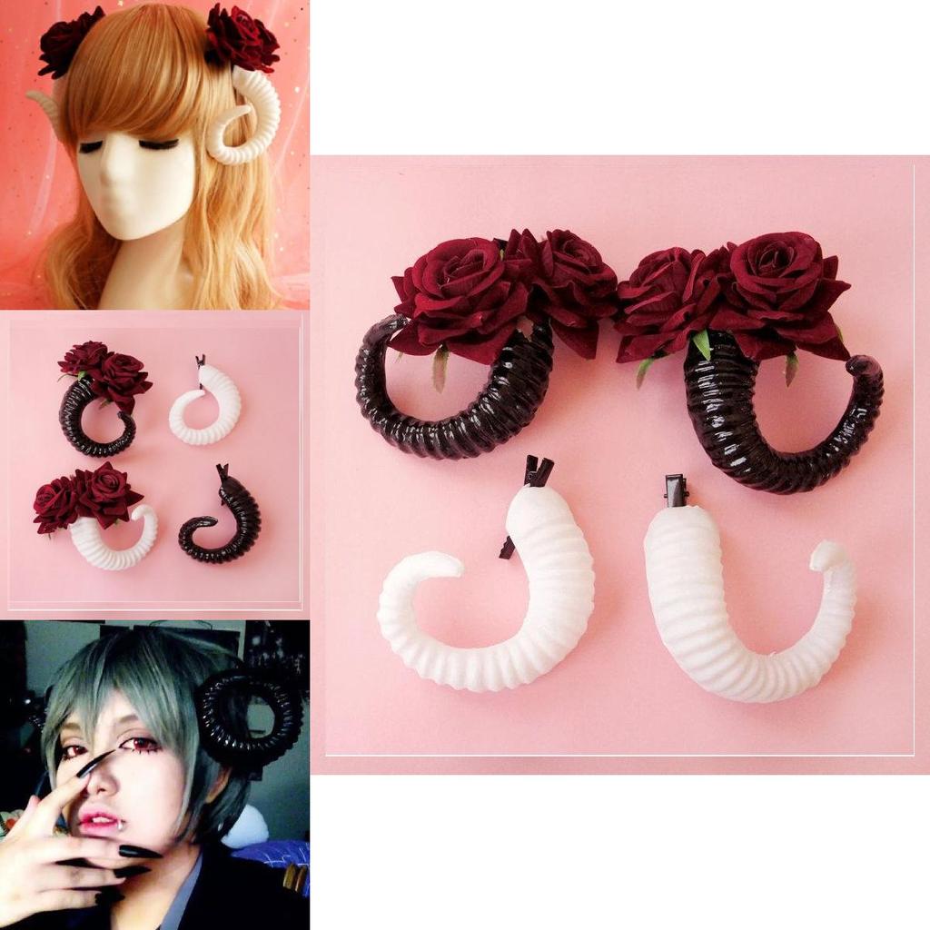 Chic Sheep Horn Hair Clips With Gorgeous White And Black Rose Accents For Fashion Lovers