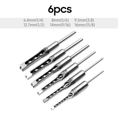 7pcs Square Hole Drill Bit Woodworking Hole Saw Mortising Chisel Steel Drill Bits Set 1/4 Inch, 5/16 Inch, 3/8 Inch, 2/5 Inch